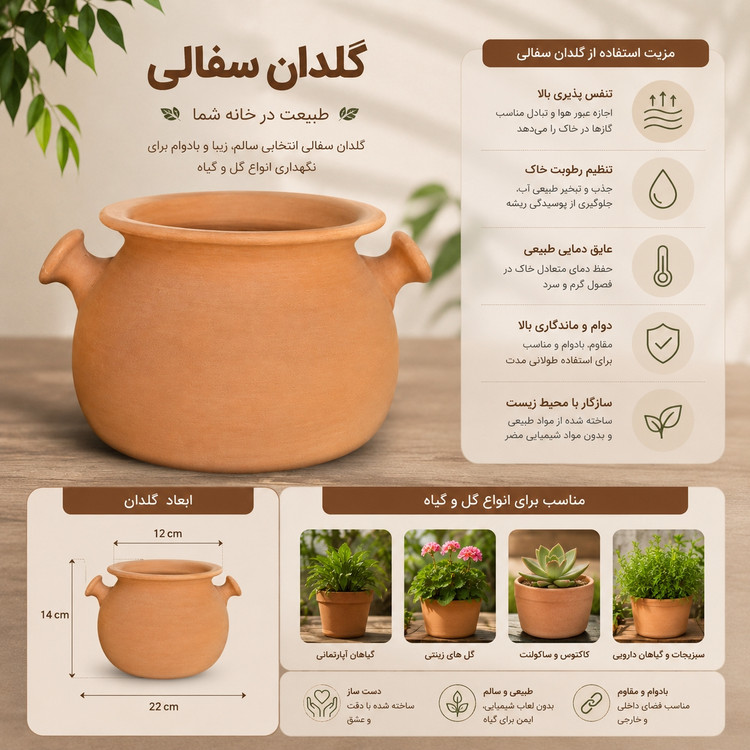 مشخصات فنی گلدان دسته دار و مناسب گیاه سفال بمون